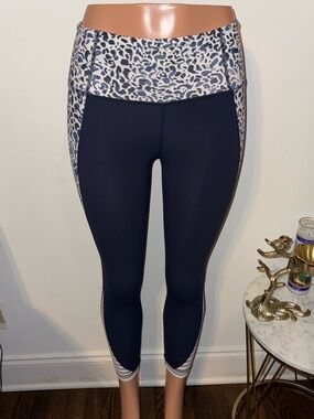 Athleta Navy Leggings with White Leopard-Print Waistband